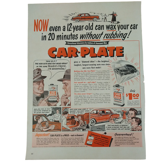 Johnson's Car-Plate Wax - Even a 12yo can - 1950 Original Retro Vtg PRINT AD - Picture 10 of 10